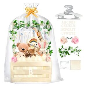 Wooden Baby Shower Crate Gift Basket with Decorations and Hangers